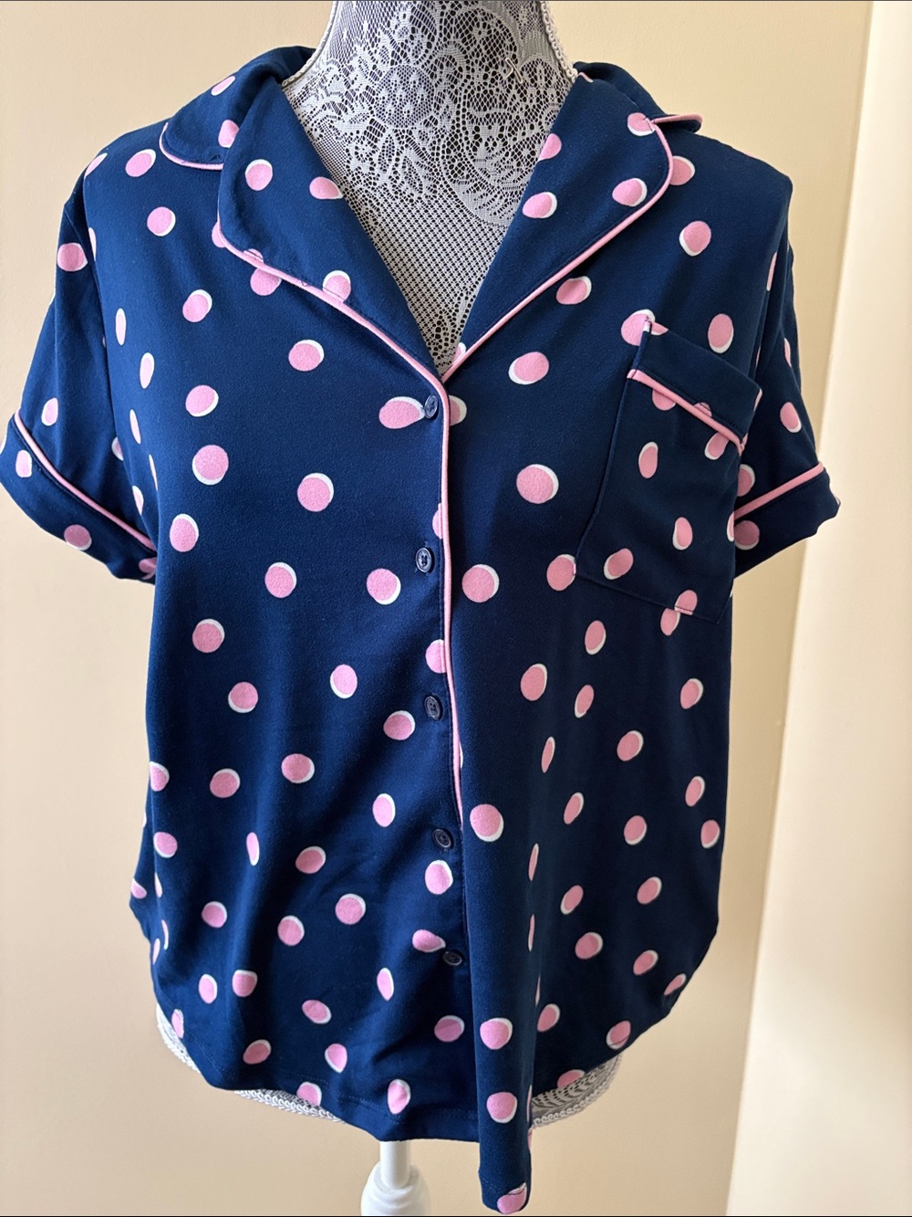 NWT Kate Spade Navy Blue and Pink Polka Dots Pajama Set
